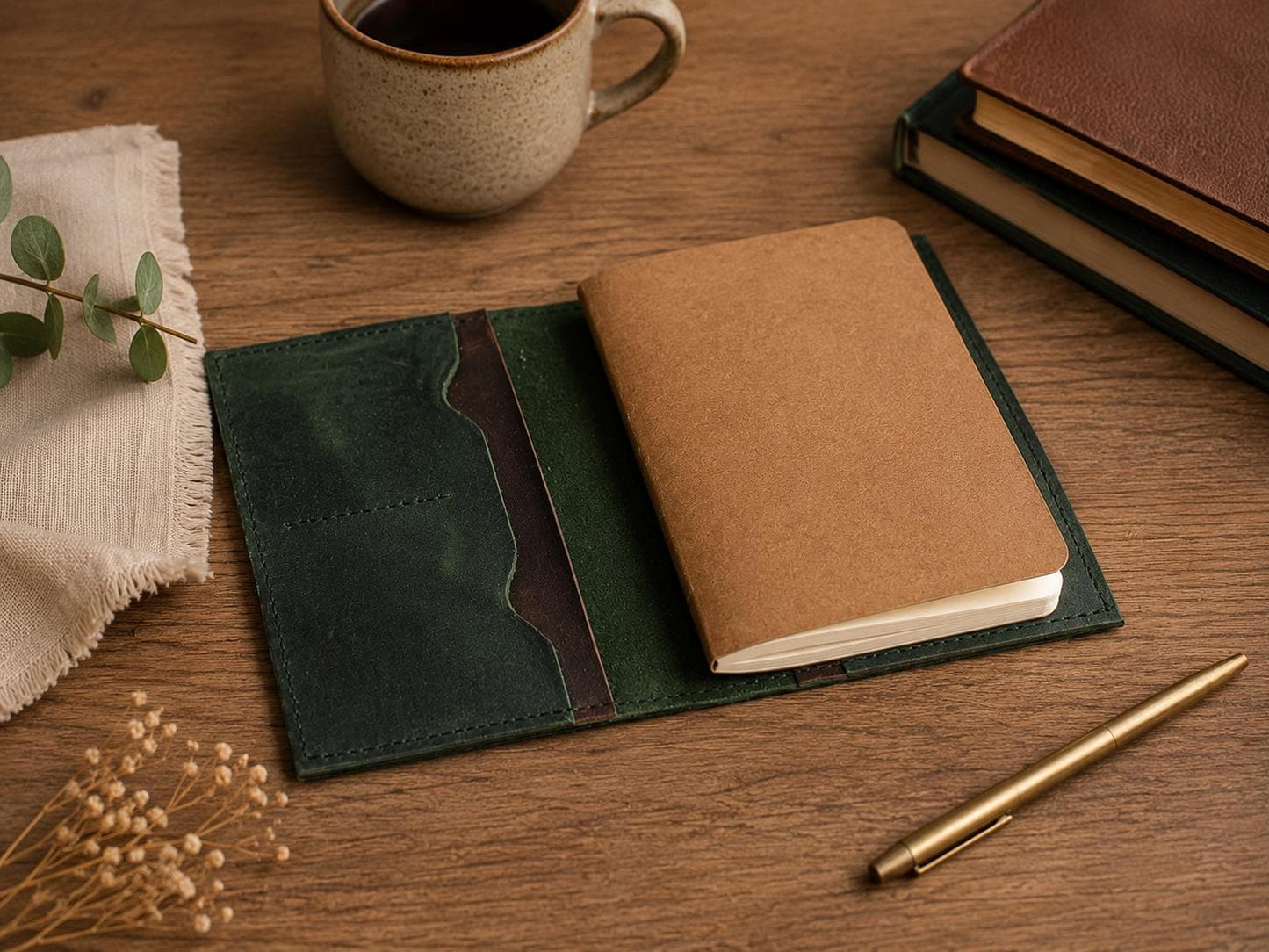 Handmade Green Leather Passport Wallet & Journal Cover – Full‑Grain Travel Organizer for Field Notes, Cards, and Passport