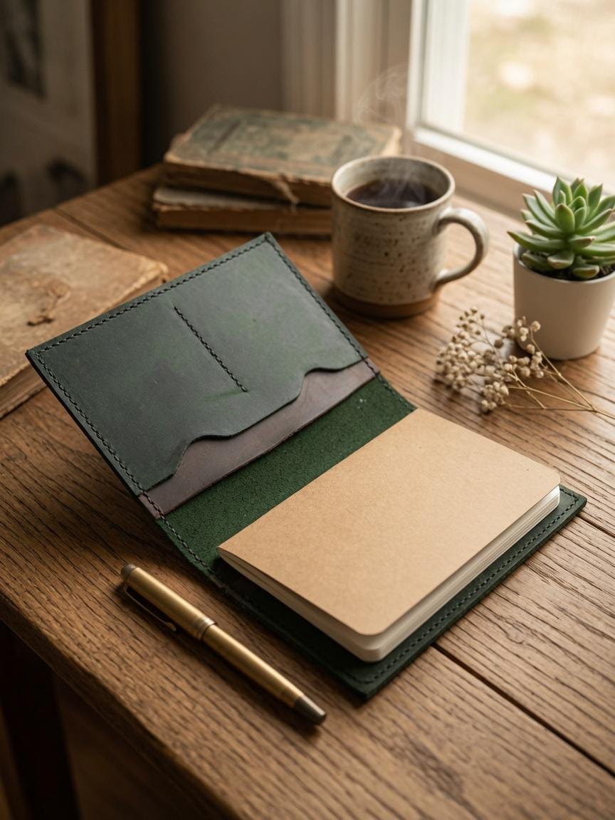 Handmade Green Leather Passport Wallet & Journal Cover – Full‑Grain Travel Organizer for Field Notes, Cards, and Passport