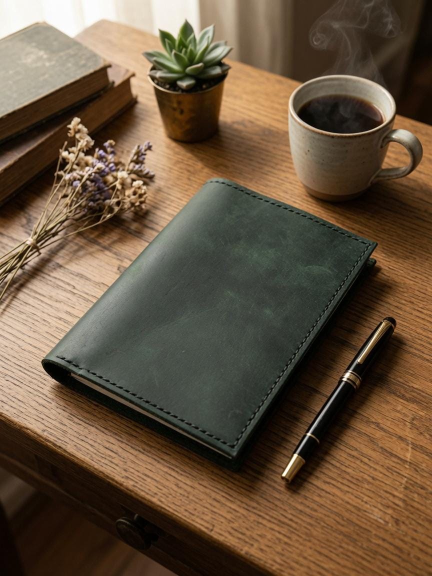 Handmade Green Leather Passport Wallet & Journal Cover – Full‑Grain Travel Organizer for Field Notes, Cards, and Passport