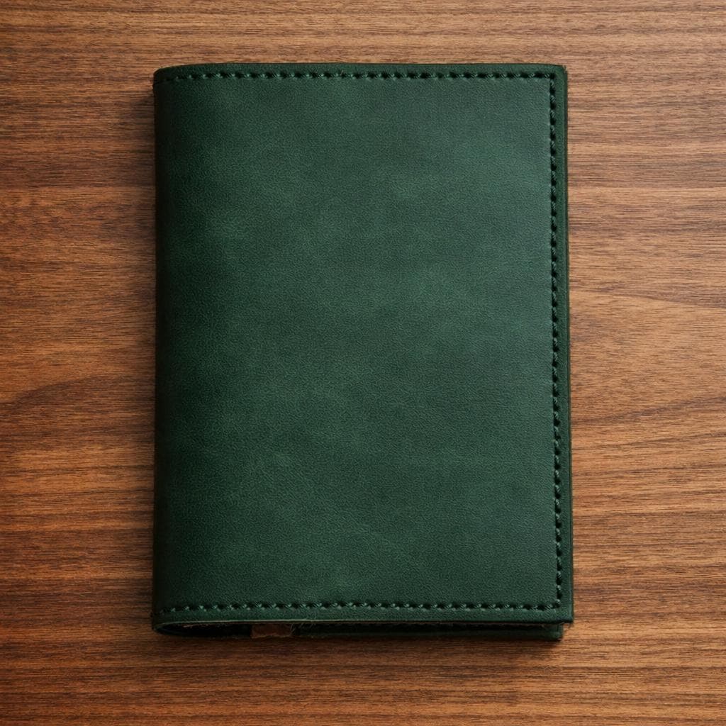 Handmade Green Leather Passport Wallet & Journal Cover – Full‑Grain Travel Organizer for Field Notes, Cards, and Passport