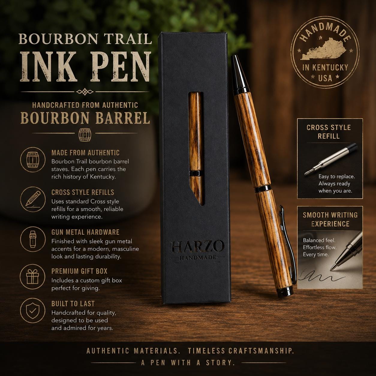 Kentucky Bourbon Barrel Pen & Stand Set | Handmade White Oak Ballpoint Pen | Authentic Whiskey Barrel Wood Desk Pen Holder | Starter Set