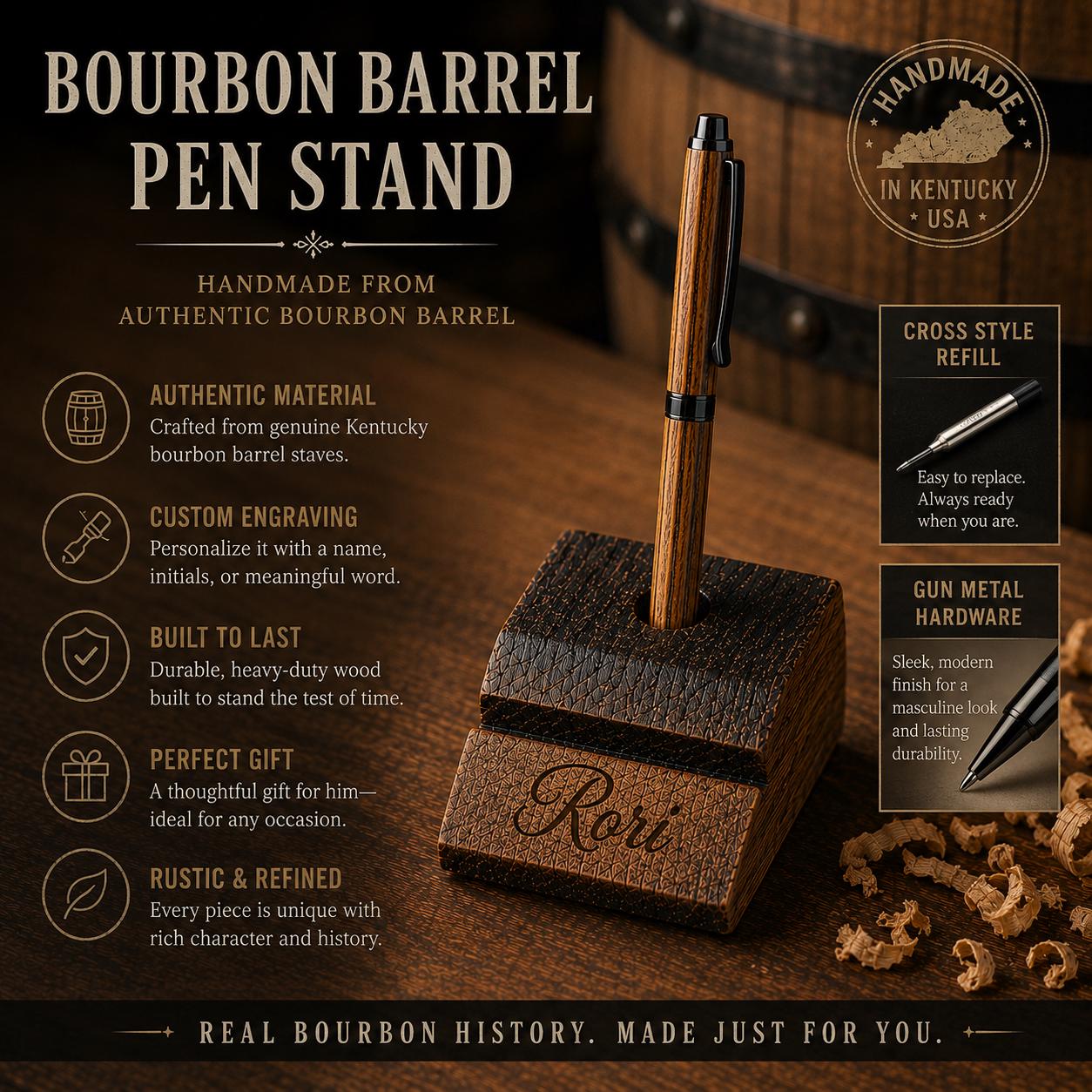 Kentucky Bourbon Barrel Pen & Stand Set | Handmade White Oak Ballpoint Pen | Authentic Whiskey Barrel Wood Desk Pen Holder | Starter Set