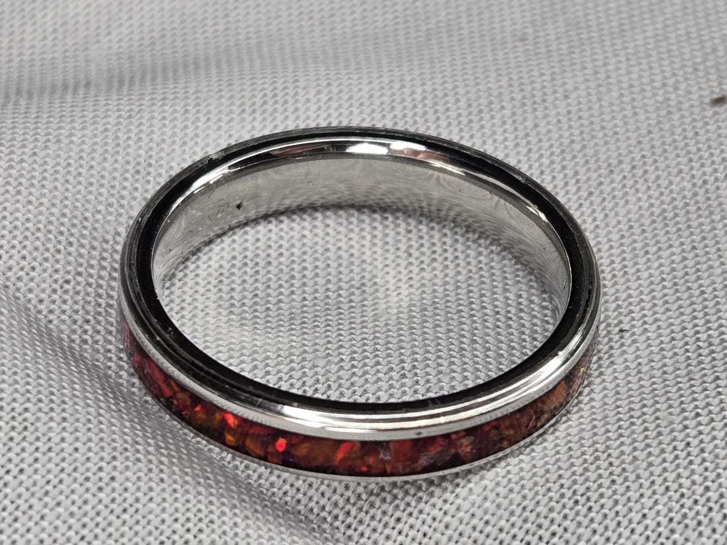 Dragon’s Eye Red Opal Ring – Stainless Steel Band – Handmade Men’s Fantasy Ring – Cherry Wood Gift Box – Rustic Opal Inlay Jewelry