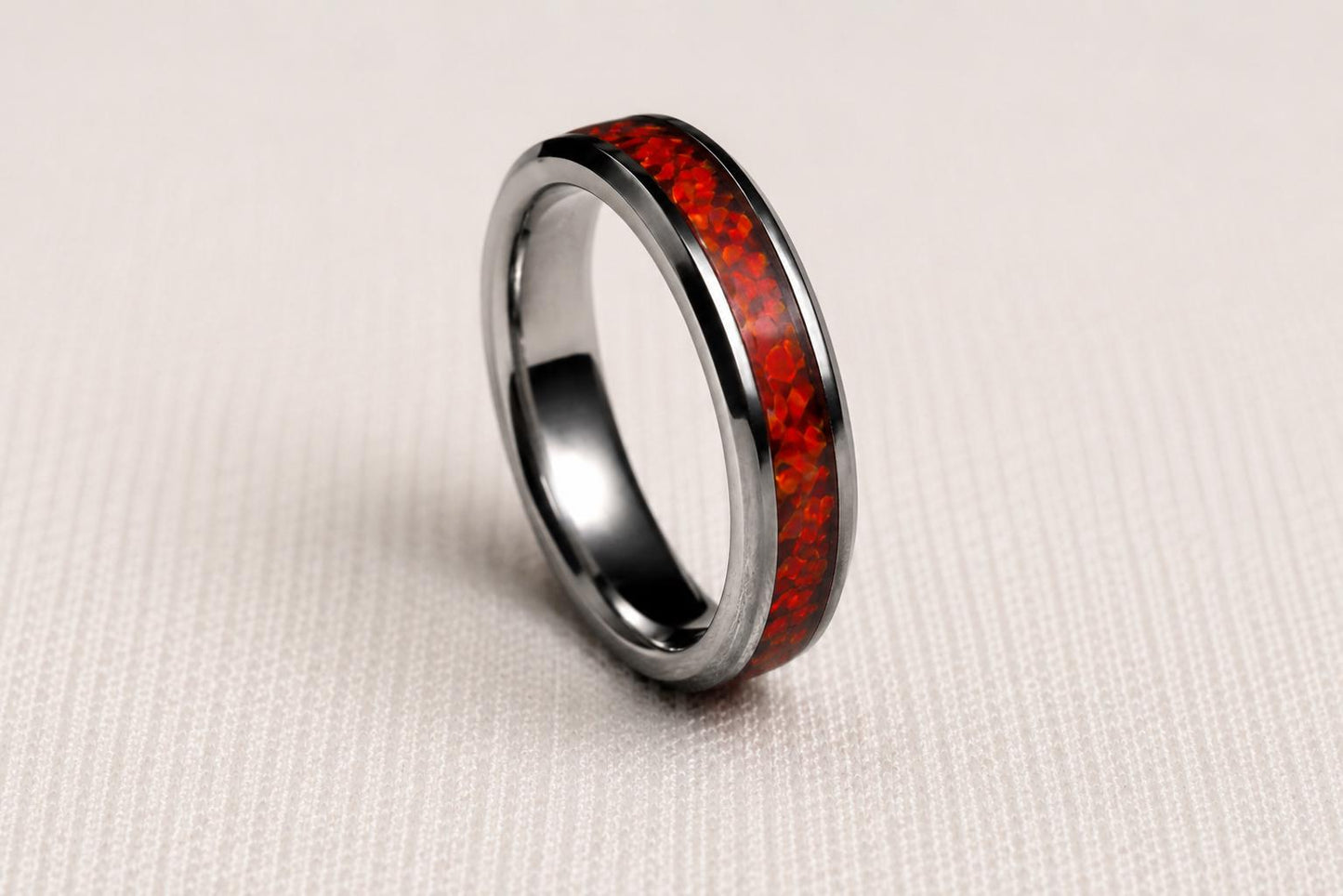 Dragon’s Eye Red Opal Ring – Stainless Steel Band – Handmade Men’s Fantasy Ring – Cherry Wood Gift Box – Rustic Opal Inlay Jewelry