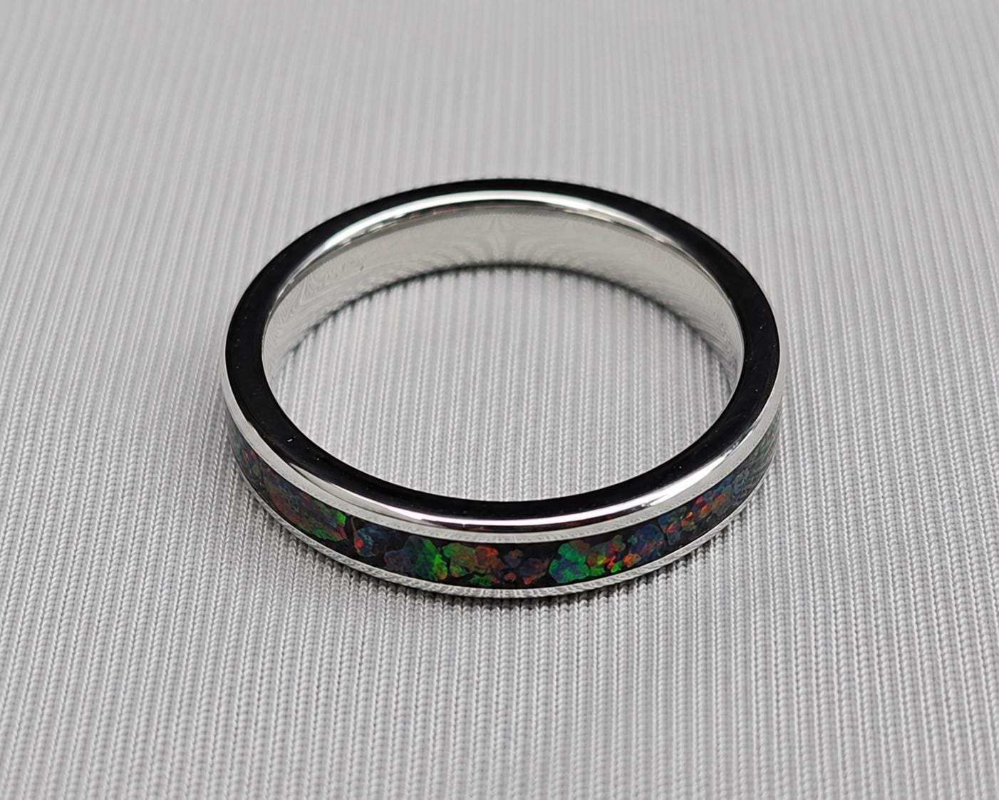 Black Opal Ring, Stainless Steel Wedding Band, Cherry Wood Box