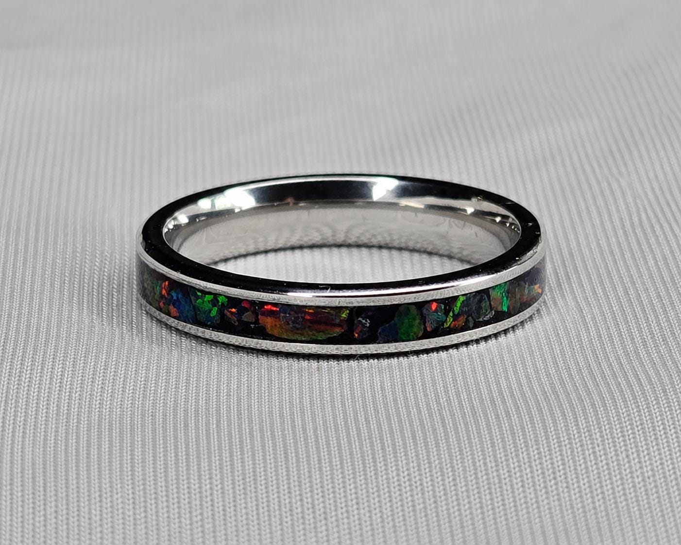 Black Opal Ring, Stainless Steel Wedding Band, Cherry Wood Box