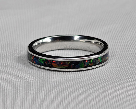 Black Opal Ring, Stainless Steel Wedding Band, Cherry Wood Box