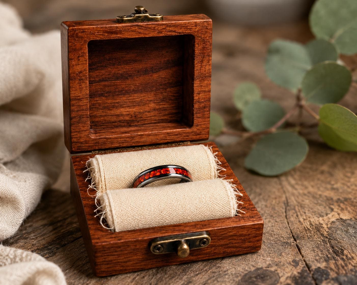 Dragon’s Eye Red Opal Ring – Stainless Steel Band – Handmade Men’s Fantasy Ring – Cherry Wood Gift Box – Rustic Opal Inlay Jewelry