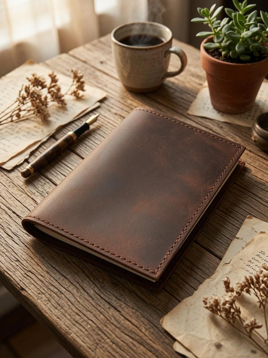 Dark Brown Leather Journal Cover with Green Accents | 3.5 x 5.5 Notebook Holder