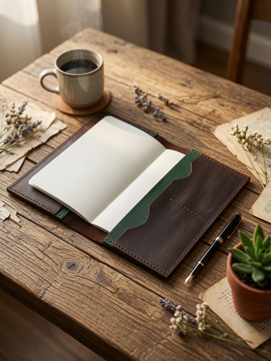 Dark Brown Leather Journal Cover with Green Accents | 3.5 x 5.5 Notebook Holder
