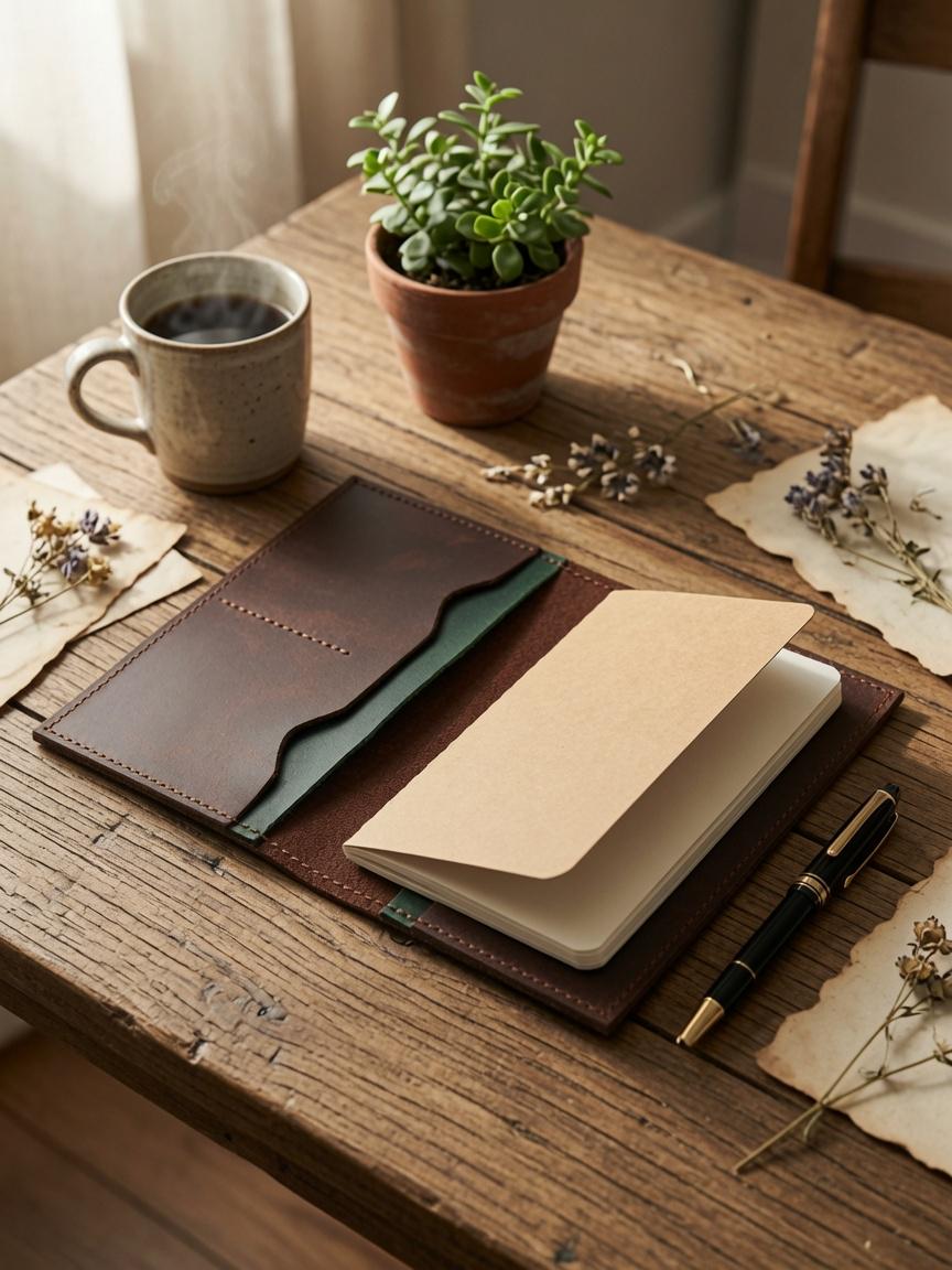 Dark Brown Leather Journal Cover with Green Accents | 3.5 x 5.5 Notebook Holder