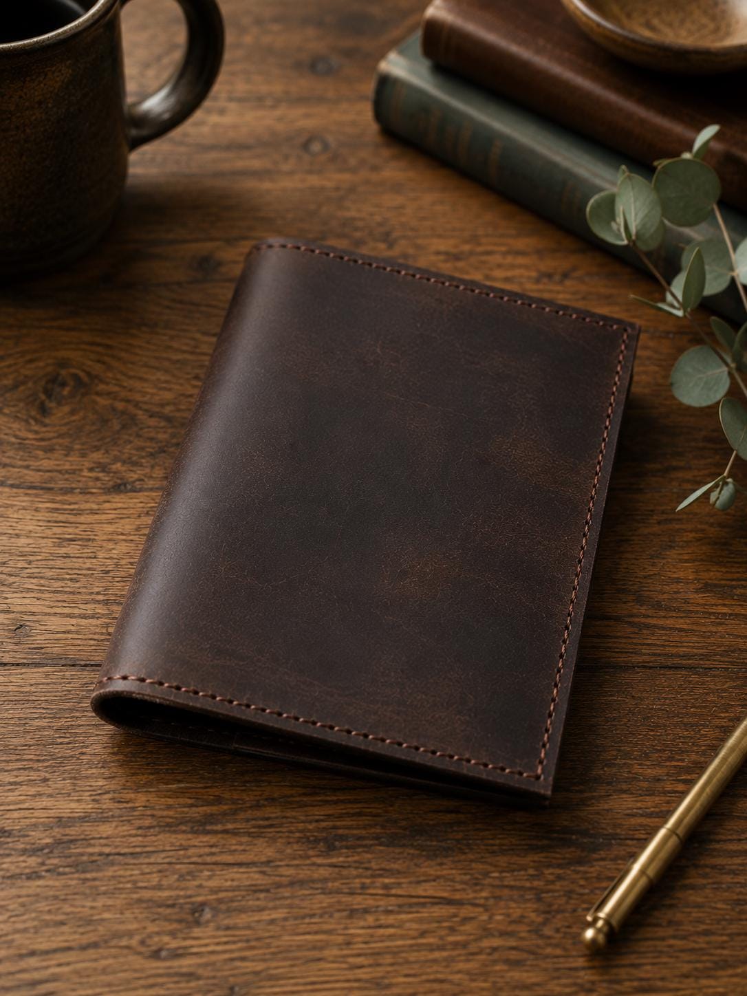 Dark Brown Leather Journal Cover with Green Accents | 3.5 x 5.5 Notebook Holder