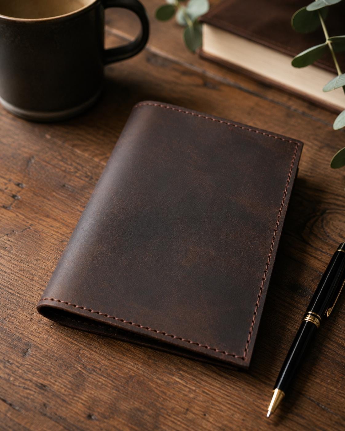 Dark Brown Leather Journal Cover with Green Accents | 3.5 x 5.5 Notebook Holder
