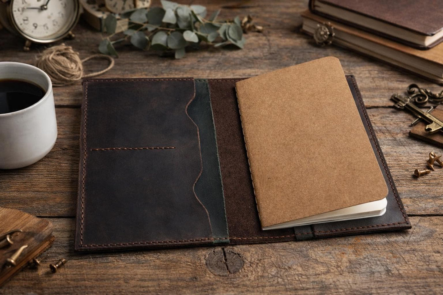 Dark Brown Leather Journal Cover with Green Accents | 3.5 x 5.5 Notebook Holder