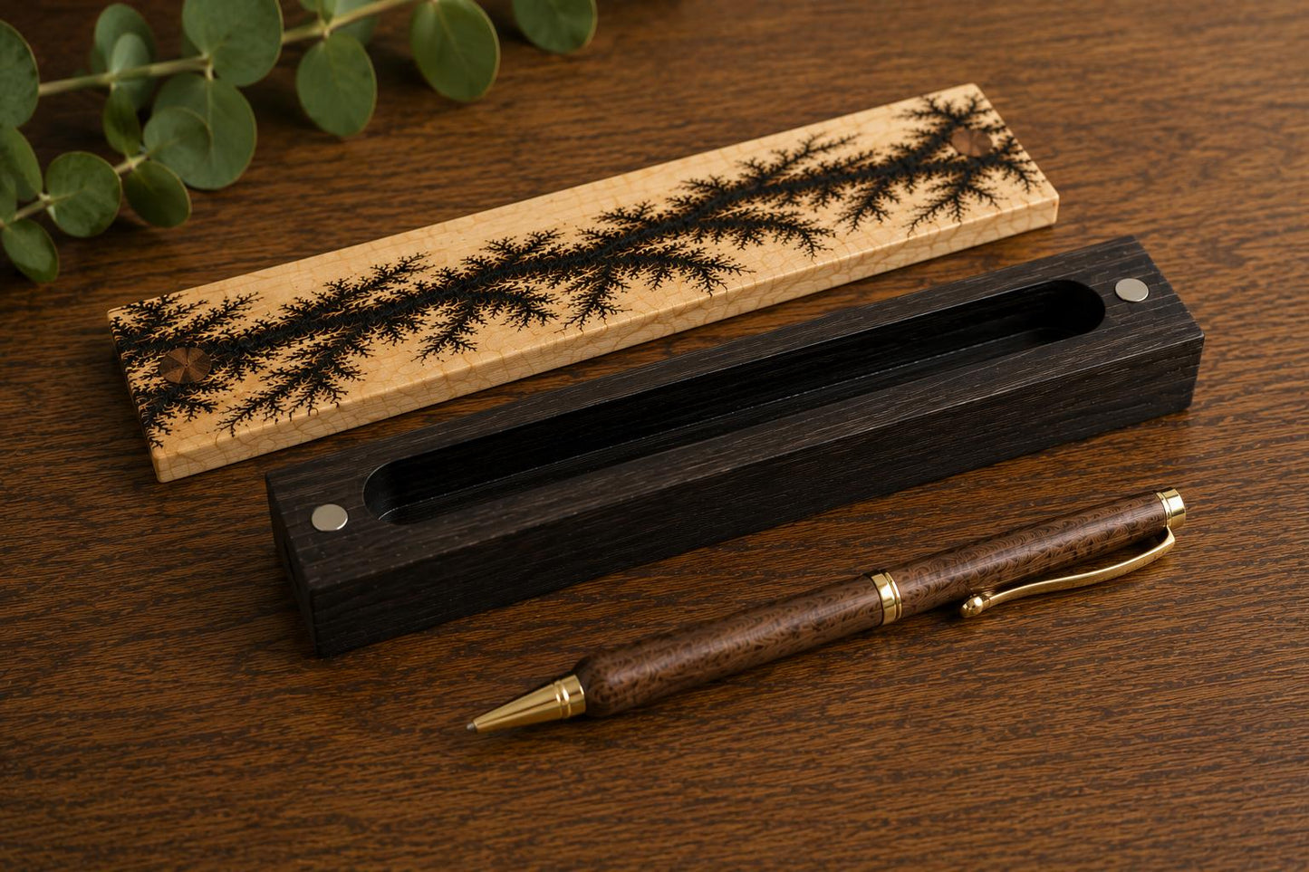 Handcrafted Walnut Ballpoint Pen with Fractal Burn Wenge Maple Case | Executive Desk Accessory