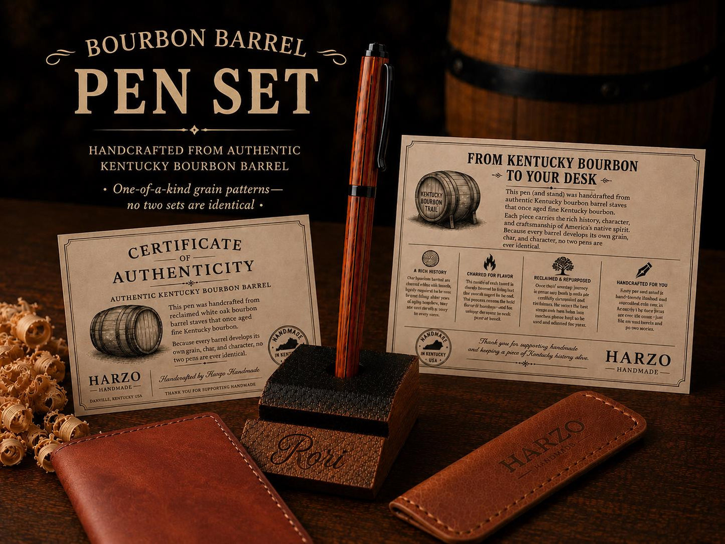 Kentucky Bourbon Barrel Pen & Stand Set | Handmade White Oak Ballpoint Pen | Authentic Whiskey Barrel Wood Desk Pen Holder | Full Set