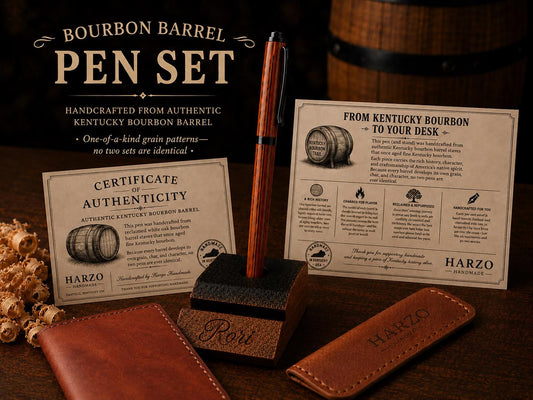 Kentucky Bourbon Barrel Pen & Stand Set | Handmade White Oak Ballpoint Pen | Authentic Whiskey Barrel Wood Desk Pen Holder | Full Set