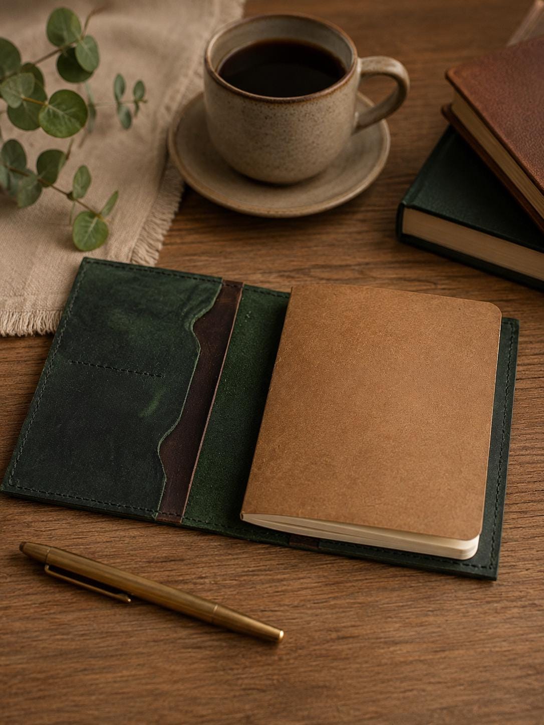 Handmade Green Leather Passport Wallet & Journal Cover – Full‑Grain Travel Organizer for Field Notes, Cards, and Passport