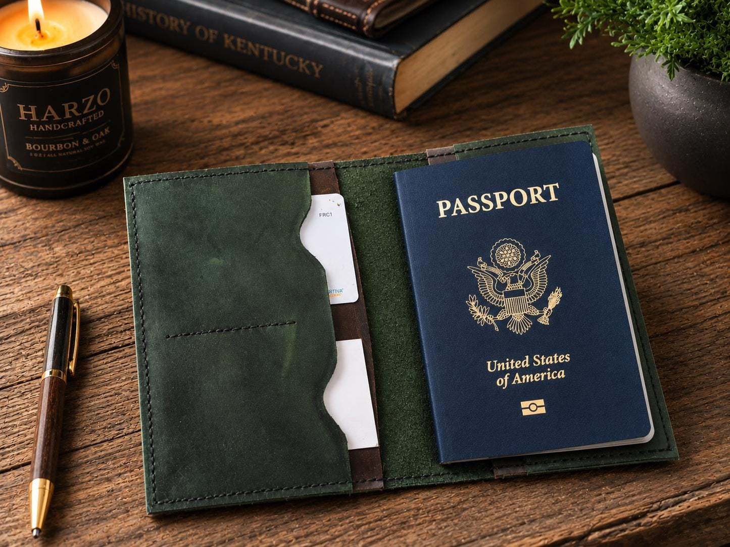 Handmade Green Leather Passport Wallet & Journal Cover – Full‑Grain Travel Organizer for Field Notes, Cards, and Passport
