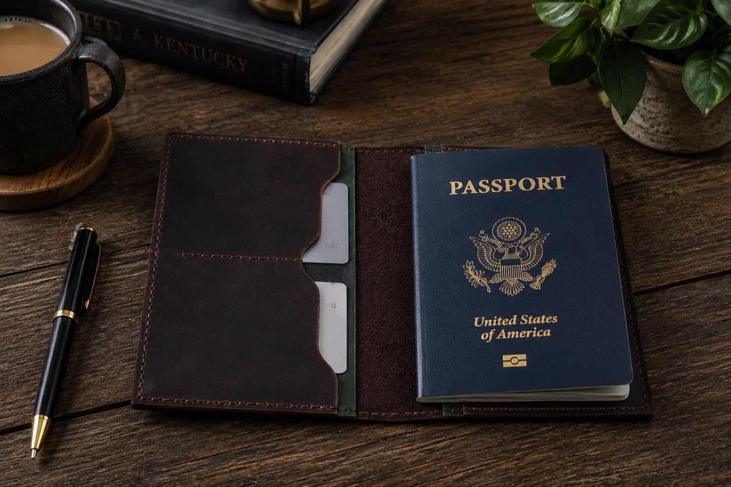 Dark Brown Leather Journal Cover with Green Accents | 3.5 x 5.5 Notebook Holder