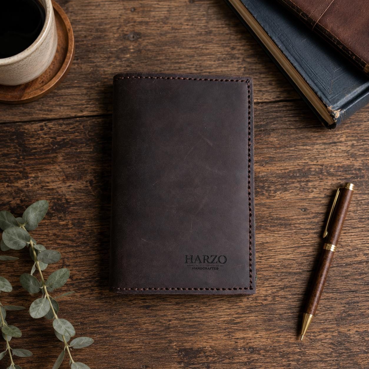 Dark Brown Leather Journal Cover with Green Accents | 3.5 x 5.5 Notebook Holder