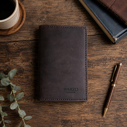 Dark Brown Leather Journal Cover with Green Accents | 3.5 x 5.5 Notebook Holder