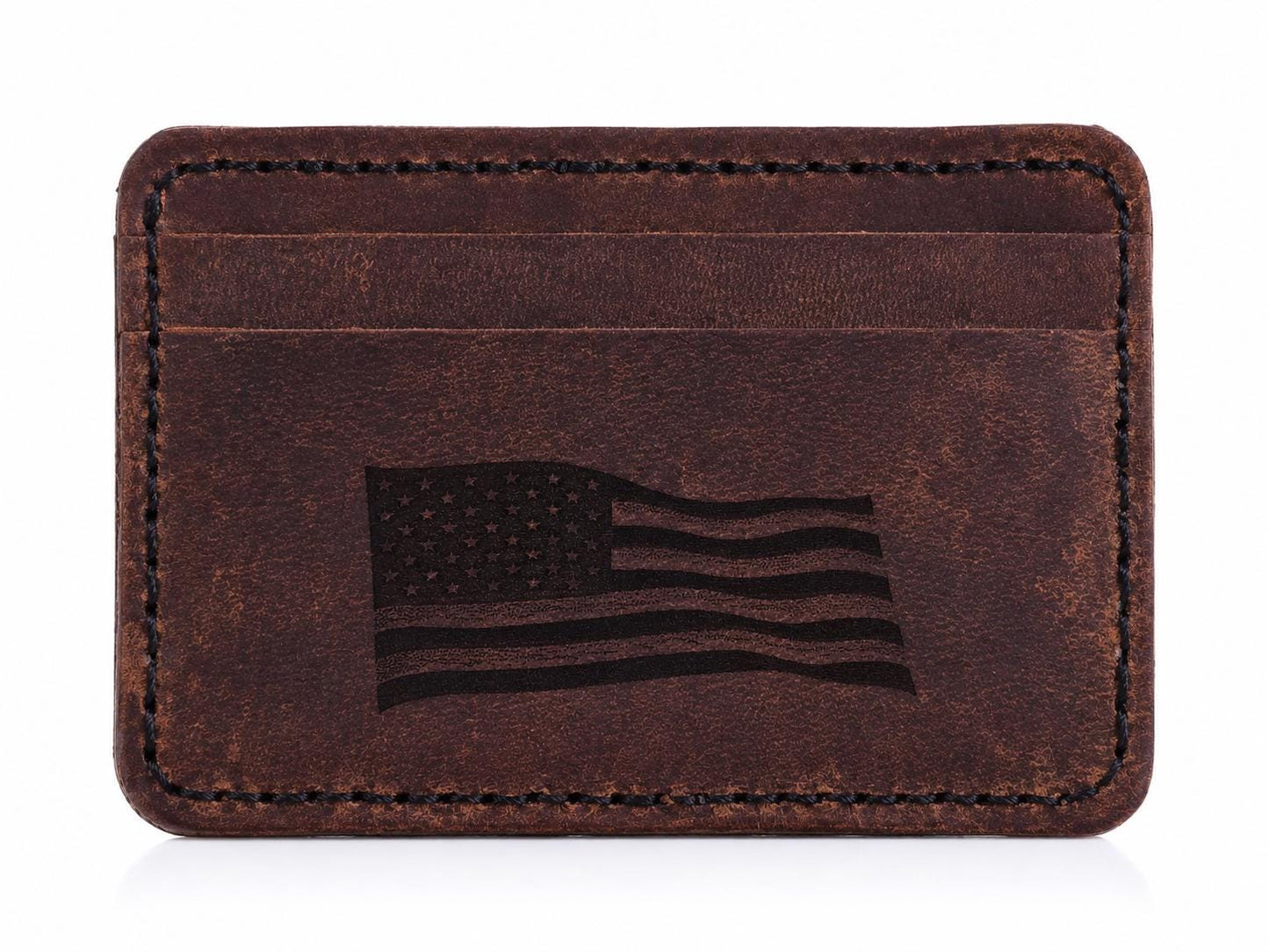 Full‑Grain Crazy Horse Leather Wallet with American Flag Engraving – Handmade 5‑Pocket Rustic Card Holder – HARZO Handcrafted