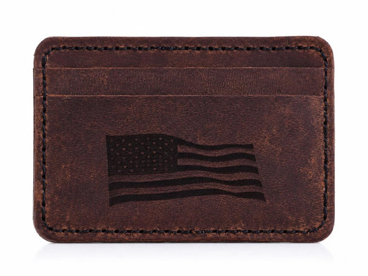 Full‑Grain Crazy Horse Leather Wallet with American Flag Engraving – Handmade 5‑Pocket Rustic Card Holder – HARZO Handcrafted