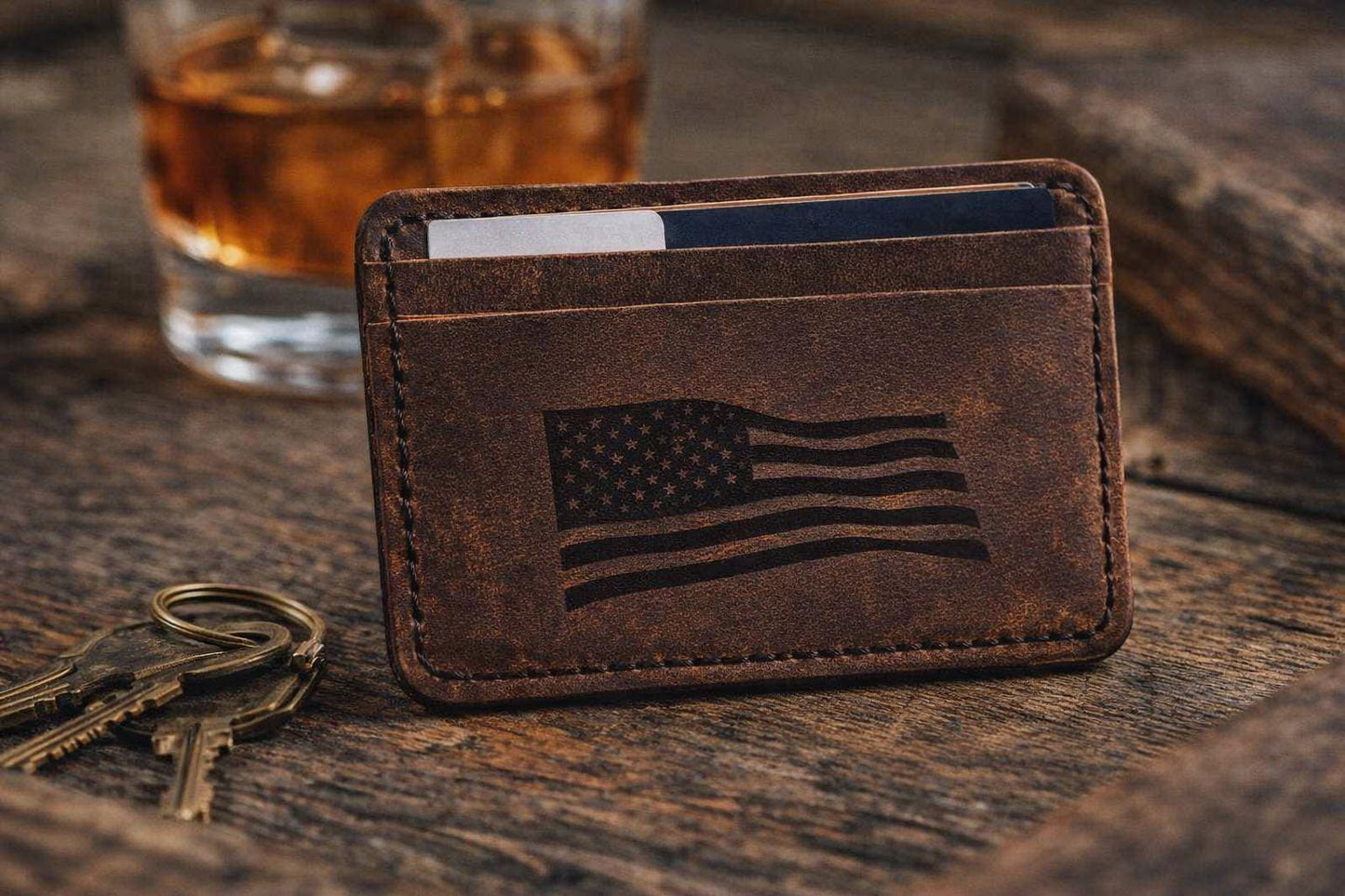 Full‑Grain Crazy Horse Leather Wallet with American Flag Engraving – Handmade 5‑Pocket Rustic Card Holder – HARZO Handcrafted