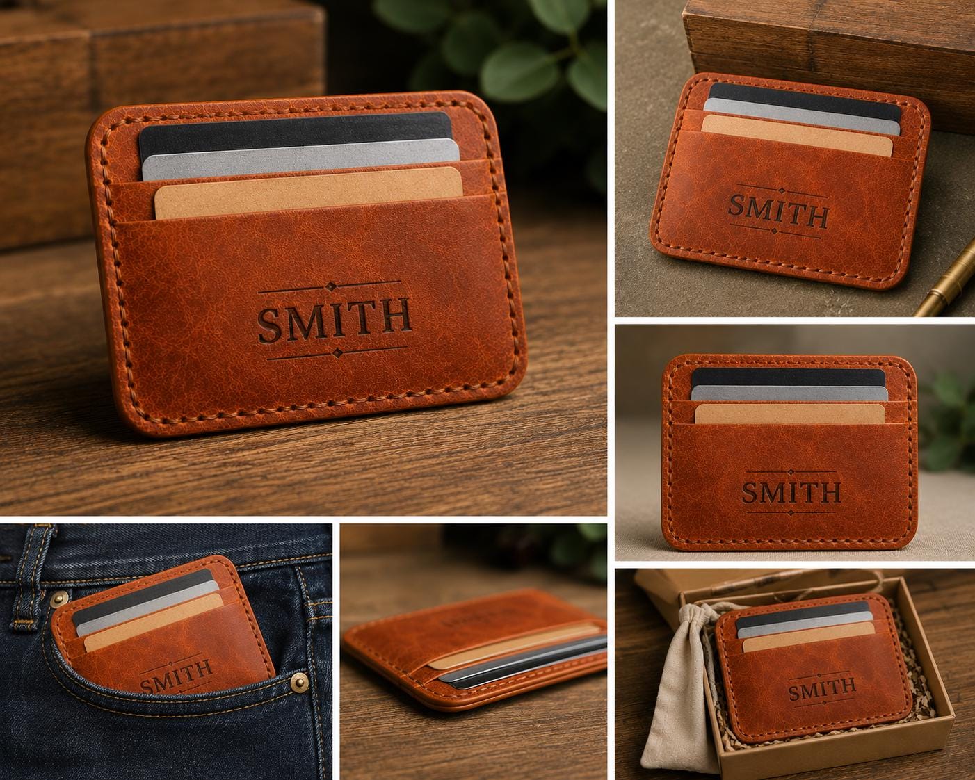 Full Grain Leather Card Wallet • Minimalist Slim Front Pocket Wallet • Personalized Engraved EDC Wallet for Men