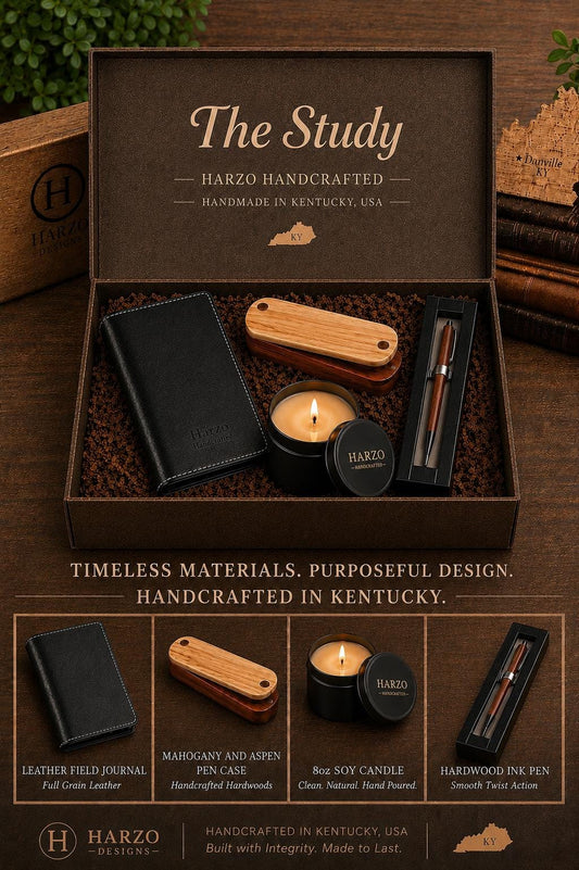 The Study - Handcrafted Leather Journal, Pen, Candle, Keychain Gift Set – Kentucky Made