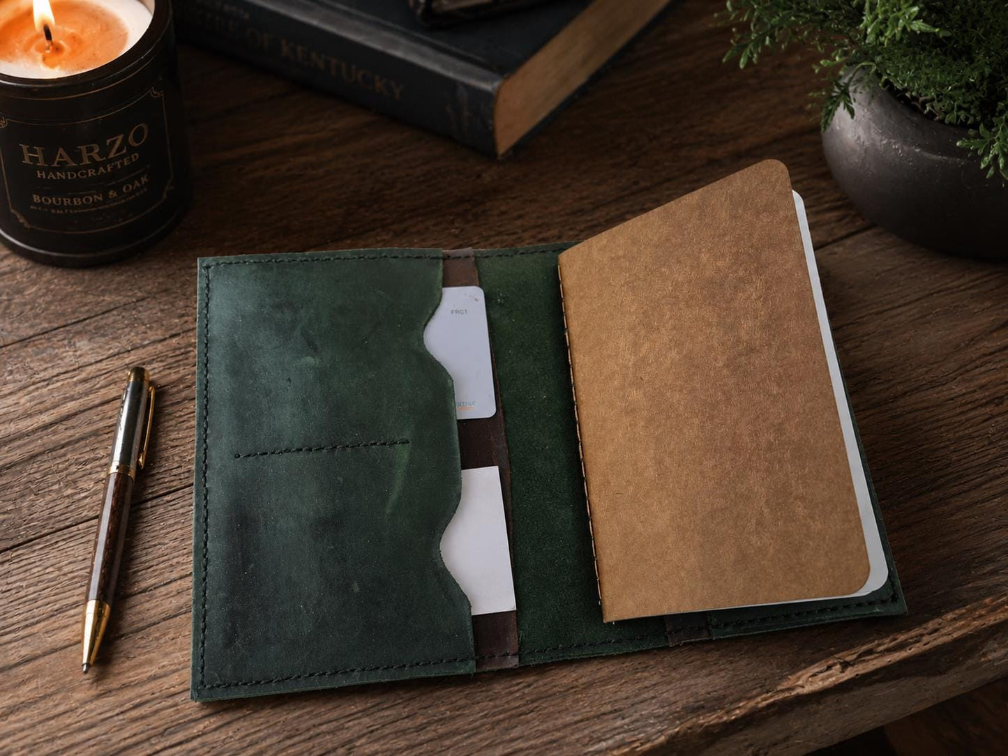 Handmade Green Leather Passport Wallet & Journal Cover – Full‑Grain Travel Organizer for Field Notes, Cards, and Passport