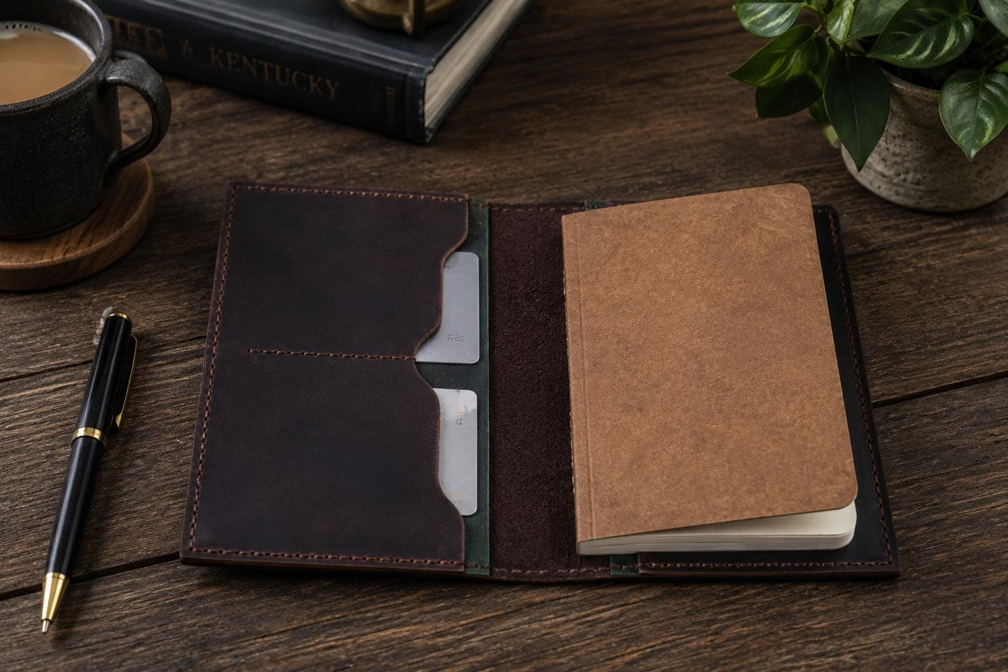 Dark Brown Leather Journal Cover with Green Accents | 3.5 x 5.5 Notebook Holder