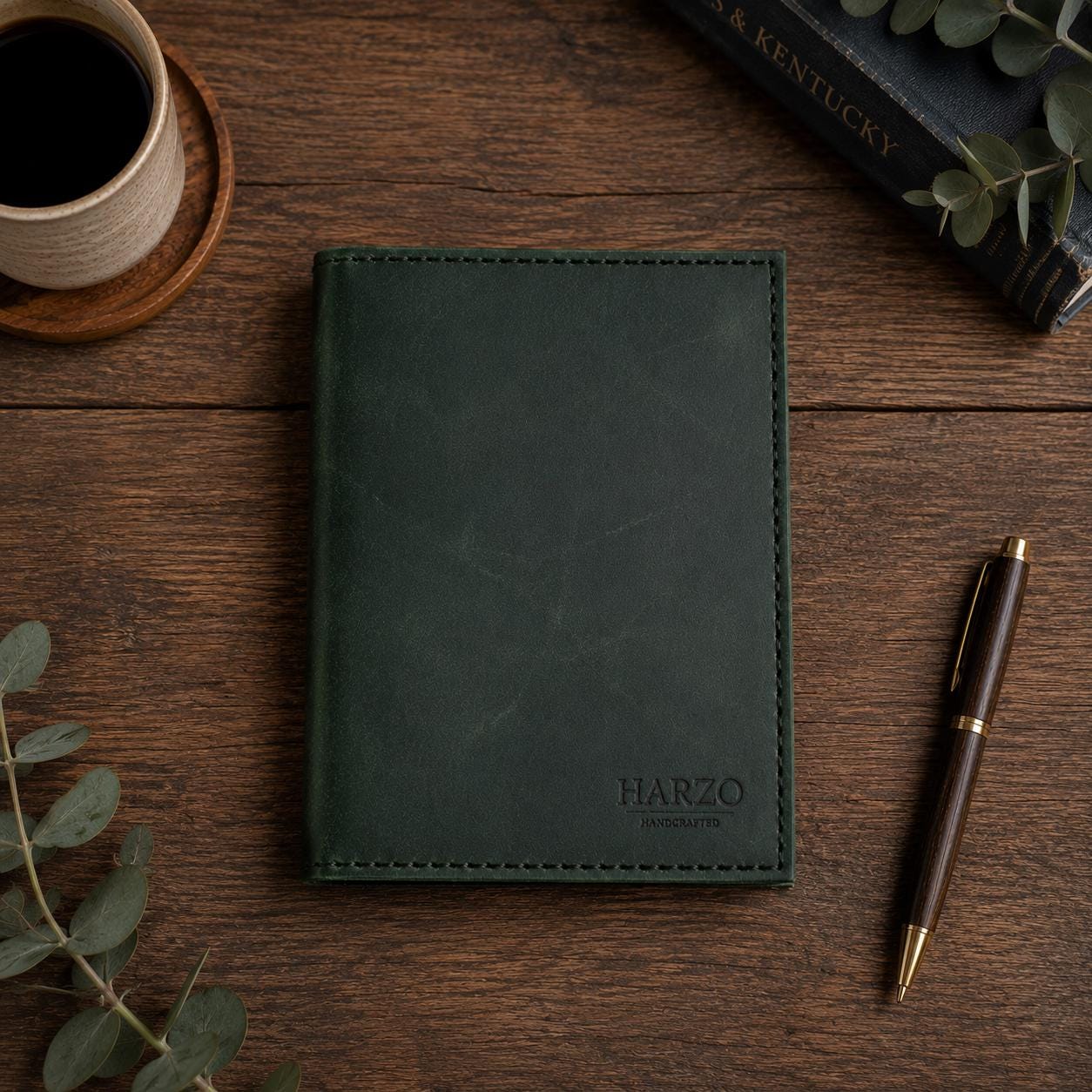Handmade Green Leather Passport Wallet & Journal Cover – Full‑Grain Travel Organizer for Field Notes, Cards, and Passport