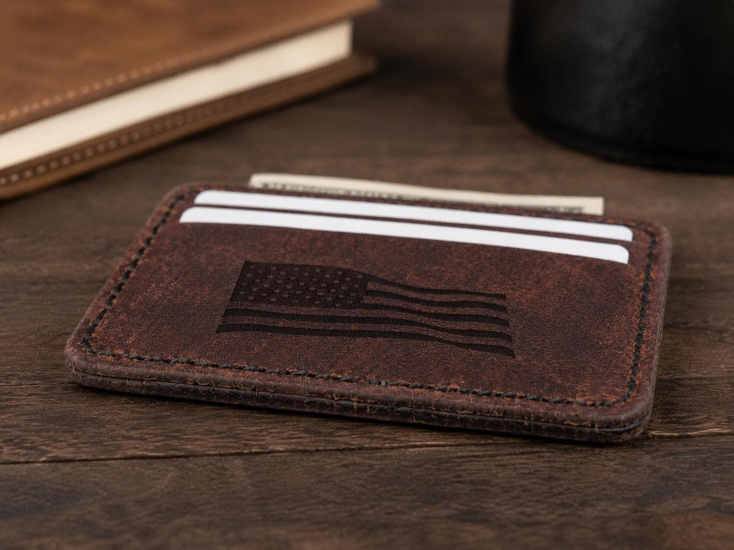 Full‑Grain Crazy Horse Leather Wallet with American Flag Engraving – Handmade 5‑Pocket Rustic Card Holder – HARZO Handcrafted