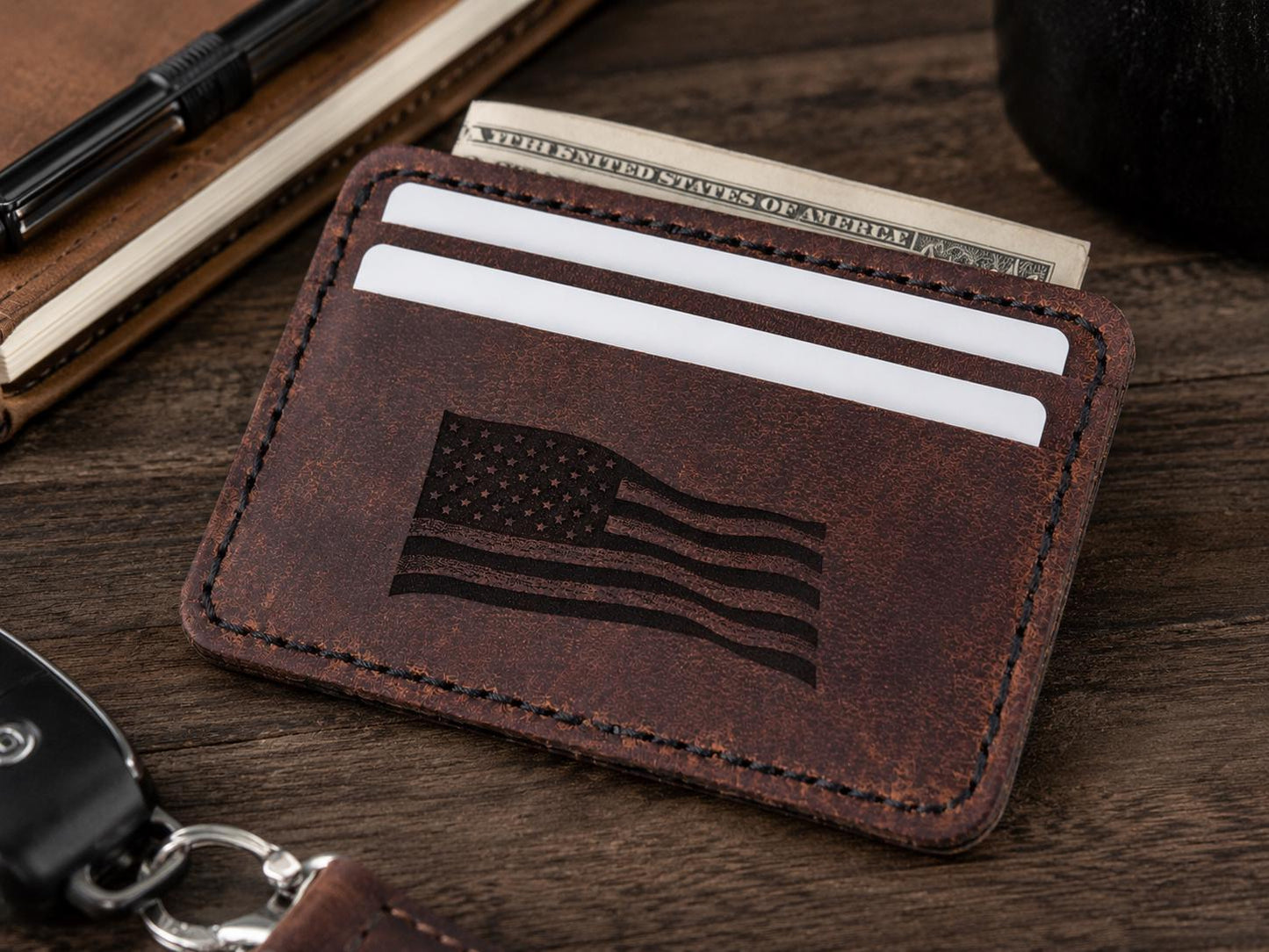 Full‑Grain Crazy Horse Leather Wallet with American Flag Engraving – Handmade 5‑Pocket Rustic Card Holder – HARZO Handcrafted