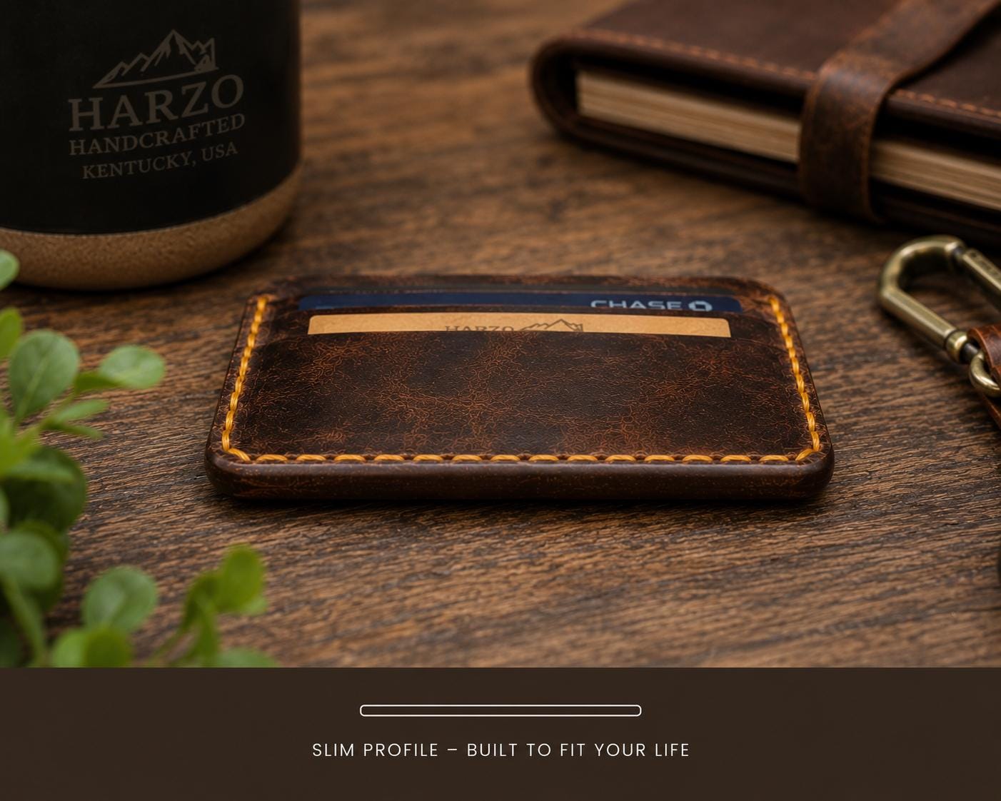Goat Leather Card Wallet – Slim 5-Card Handmade Wallet – Rustic Brown, Yellow Stitching – USA Made