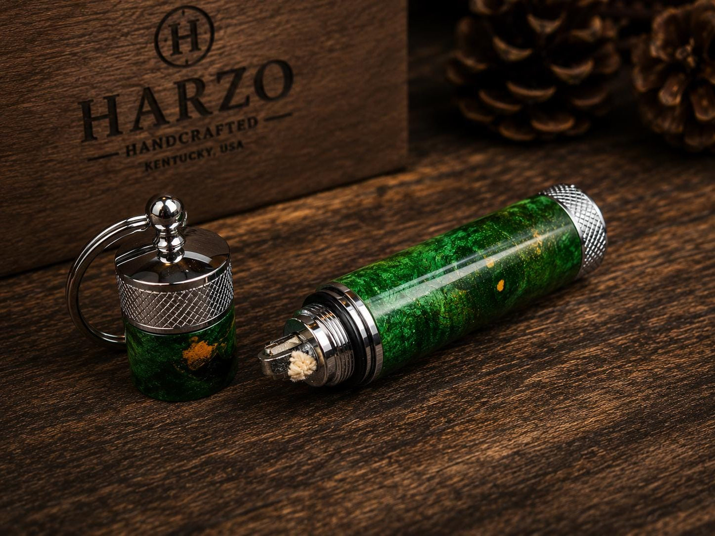 Green Dyed Maple Burl Lighter Keychain – Handmade Wood & Metal EDC Gift for Him | HARZO Handcrafted Kentucky USA