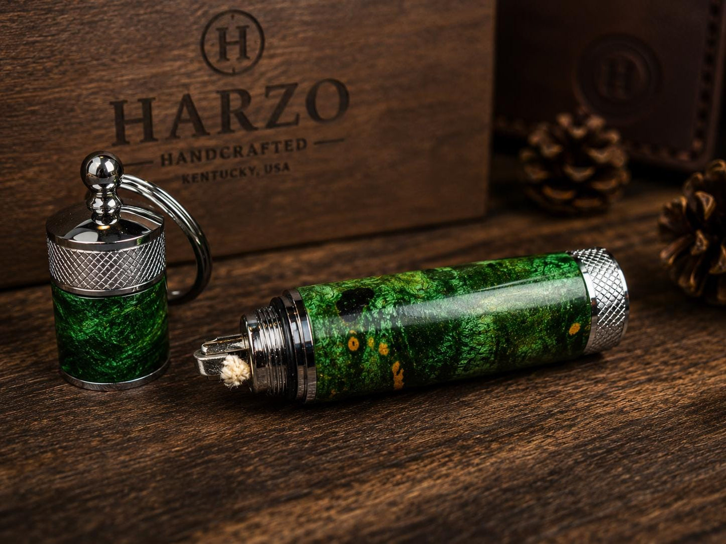 Green Dyed Maple Burl Lighter Keychain – Handmade Wood & Metal EDC Gift for Him | HARZO Handcrafted Kentucky USA