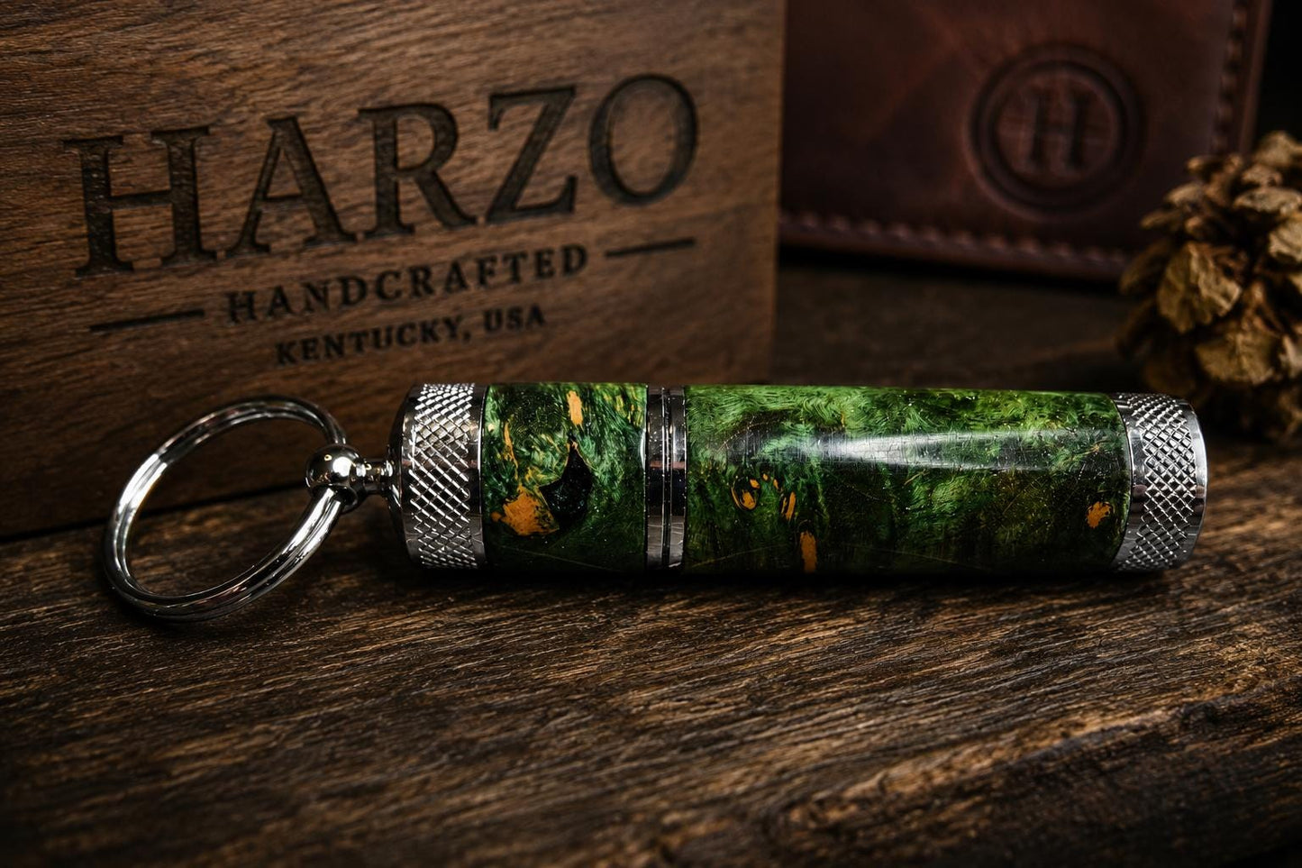 Green Dyed Maple Burl Lighter Keychain – Handmade Wood & Metal EDC Gift for Him | HARZO Handcrafted Kentucky USA