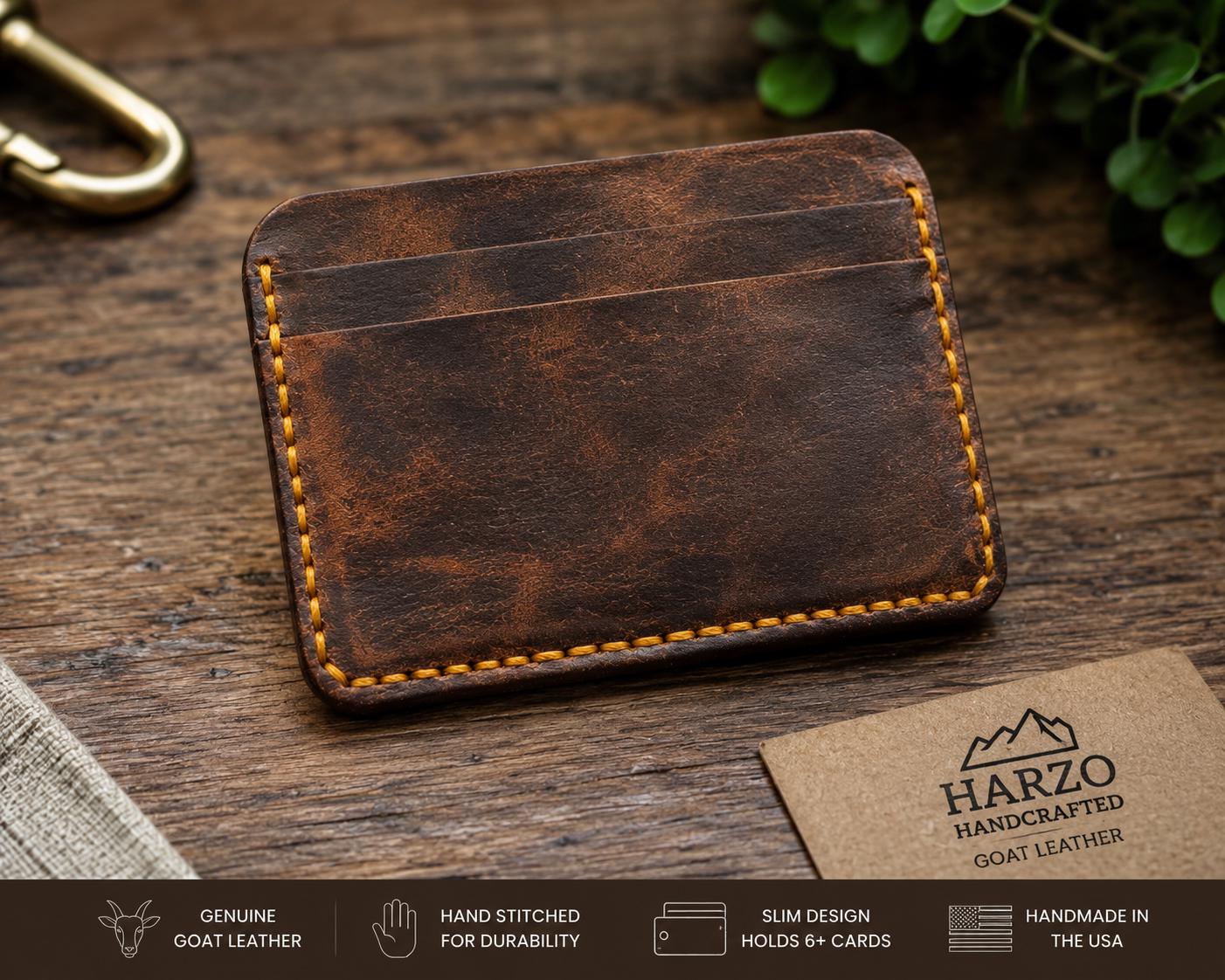 Goat Leather Card Wallet – Slim 5-Card Handmade Wallet – Rustic Brown, Yellow Stitching – USA Made