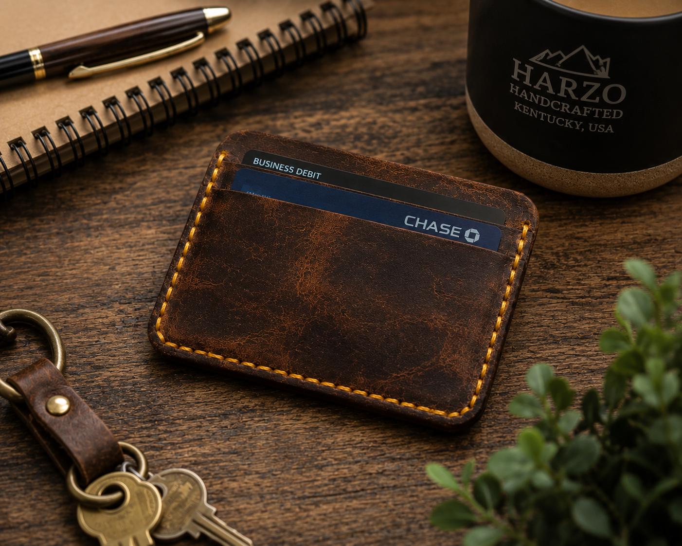 Goat Leather Card Wallet – Slim 5-Card Handmade Wallet – Rustic Brown, Yellow Stitching – USA Made