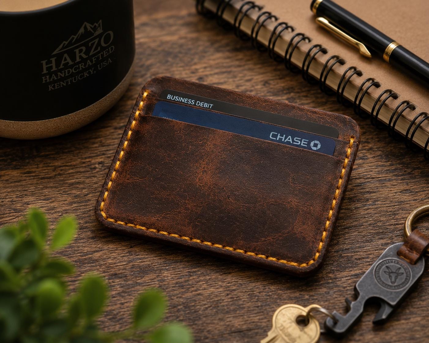 Goat Leather Card Wallet – Slim 5-Card Handmade Wallet – Rustic Brown, Yellow Stitching – USA Made