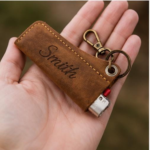 Personalized Full Grain Leather Lighter Holder Keychain, Custom Engraved Leather Lighter Case, Handmade EDC Keychain, Gift for Him