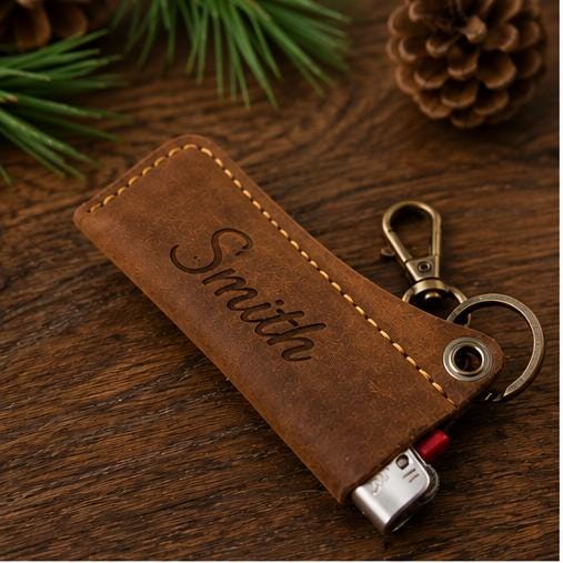 Personalized Full Grain Leather Lighter Holder Keychain, Custom Engraved Leather Lighter Case, Handmade EDC Keychain, Gift for Him