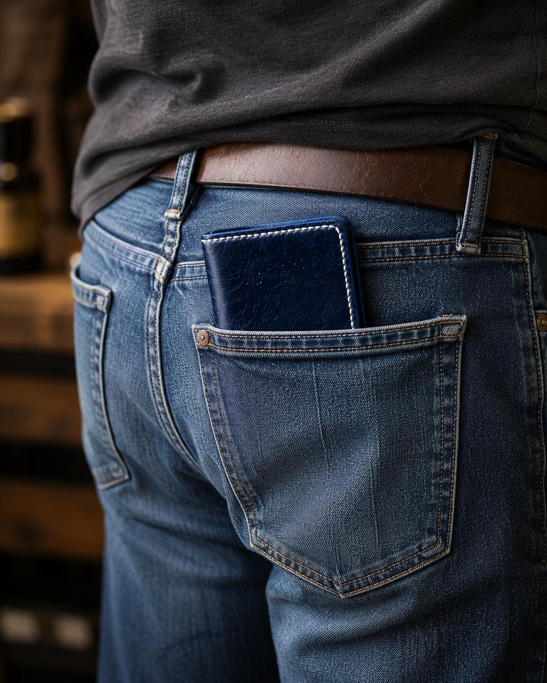 Blue Full Grain Leather Long Wallet | Slim Bifold, 6 Card Pockets, Cream Stitching