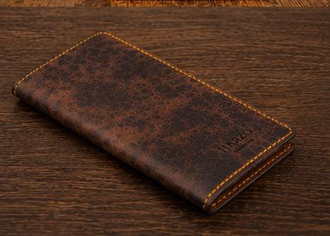 Handmade Goatskin Long Wallet, Dark Brown Distressed Leather, Hand Stitched Bifold