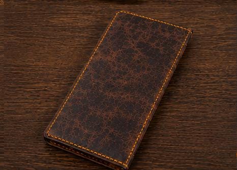 Handmade Goatskin Long Wallet, Dark Brown Distressed Leather, Hand Stitched Bifold