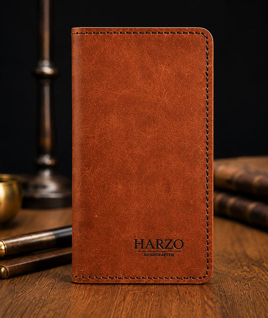 Handmade Full-Grain Leather Long Wallet | Brown Bifold, Hand-Stitched (HARZO)