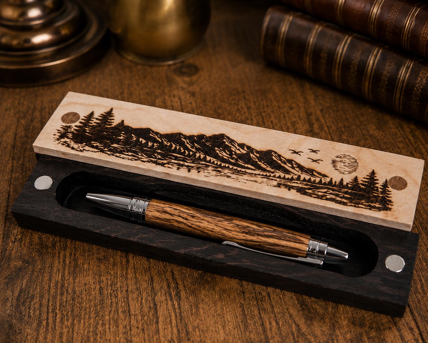 Handmade Wenge & Maple Pen Box, Engraved Wooden Pen Case, Magnetic Lid, Wood Pen Gift Box, Handcrafted Desk Accessory, HARZO